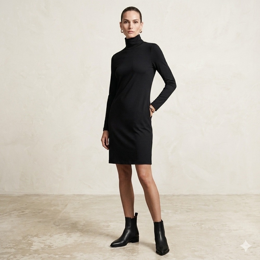 Banana Republic‎ Black Wool Blend Turtleneck Sweater Dress Button Cuff Womens M